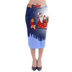 Deer Santa Claus Flying Trees Moon Night Merry Christmas Midi Pencil Skirt