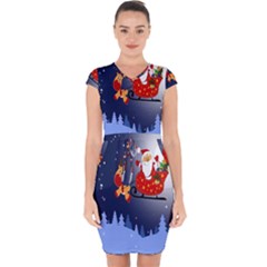 Deer Santa Claus Flying Trees Moon Night Merry Christmas Capsleeve Drawstring Dress 