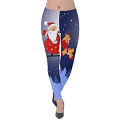 Deer Santa Claus Flying Trees Moon Night Merry Christmas Velvet Leggings by Alisyart