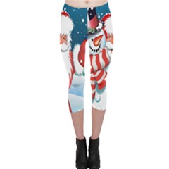 Hello Merry Christmas Santa Claus Snow Blue Sky Capri Leggings 