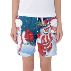 Hello Merry Christmas Santa Claus Snow Blue Sky Women s Basketball Shorts