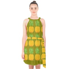 Fruite Pineapple Yellow Green Orange Halter Collar Waist Tie Chiffon Dress
