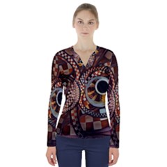 Midnight Never Ends, A Red Checkered Diner Fractal V-neck Long Sleeve Top by jayaprime