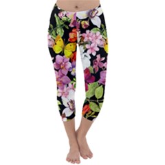 Beautiful,floral,hand Painted, Flowers,black,background,modern,trendy,girly,retro Capri Winter Leggings  by NouveauDesign