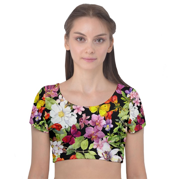 Beautiful,floral,hand painted, flowers,black,background,modern,trendy,girly,retro Velvet Short Sleeve Crop Top 
