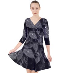 Black and White Leaves Photo Quarter Sleeve Front Wrap Dress	