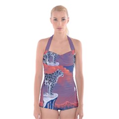 Lion Tigel Chetah Animals Snow Moon Blue Sky Boyleg Halter Swimsuit 