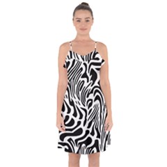 Psychedelic Zebra Pattern Black Ruffle Detail Chiffon Dress