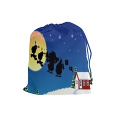 Santa Claus Christmas Sleigh Flying Moon House Tree Drawstring Pouches (large)  by Alisyart