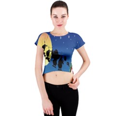 Santa Claus Christmas Sleigh Flying Moon House Tree Crew Neck Crop Top by Alisyart