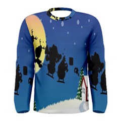 Santa Claus Christmas Sleigh Flying Moon House Tree Men s Long Sleeve Tee by Alisyart