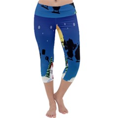 Santa Claus Christmas Sleigh Flying Moon House Tree Capri Yoga Leggings by Alisyart