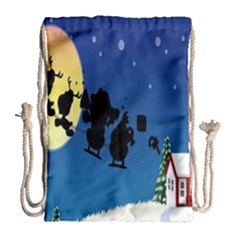 Santa Claus Christmas Sleigh Flying Moon House Tree Drawstring Bag (large) by Alisyart