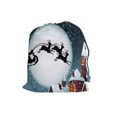 Santa Claus Christmas Snow Cool Night Moon Sky Drawstring Pouches (large) 