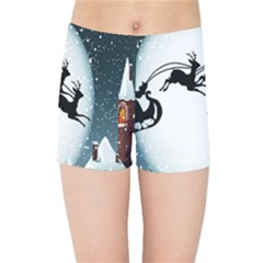 Santa Claus Christmas Snow Cool Night Moon Sky Kids Sports Shorts by Alisyart