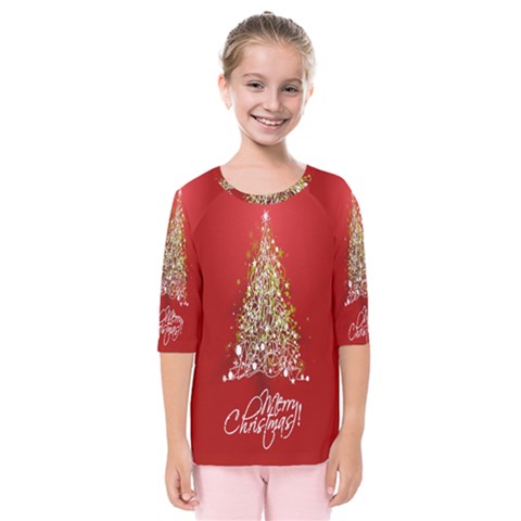 Tree Merry Christmas Red Star Kids  Quarter Sleeve Raglan Tee by Alisyart
