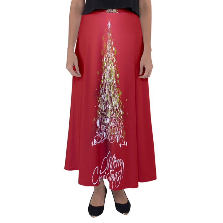 Tree Merry Christmas Red Star Flared Maxi Skirt