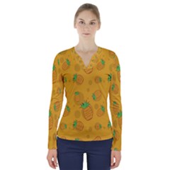 Fruit Pineapple Yellow Green V-Neck Long Sleeve Top