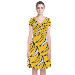 Fruit Bananas Yellow Orange White Short Sleeve Front Wrap Dress