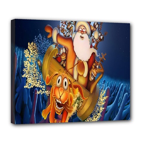 Deer Santa Claus Flying Trees Moon Night Christmas Deluxe Canvas 24  X 20  