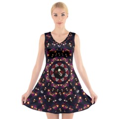 Floral Skulls In The Darkest Environment V-neck Sleeveless Skater Dress by pepitasart