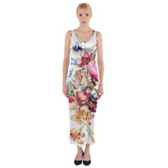 Fleur Vintage Floral Painting Fitted Maxi Dress by Celenk