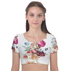 Fleur Vintage Floral Painting Velvet Short Sleeve Crop Top  by Celenk