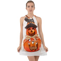 Funny Halloween Pumpkins Halter Tie Back Chiffon Dress