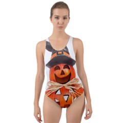 Funny Halloween Pumpkins Cut-out Back One Piece Swimsuit by gothicandhalloweenstore