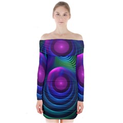 Beautiful Rainbow Marble Fractals in Hyperspace Long Sleeve Off Shoulder Dress