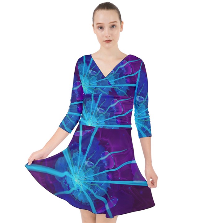 Beautiful Bioluminescent Sea Anemone Fractalflower Quarter Sleeve Front Wrap Dress	