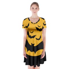 Bats Moon Night Halloween Black Short Sleeve V-neck Flare Dress