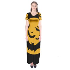 Bats Moon Night Halloween Black Short Sleeve Maxi Dress