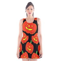 Halloween Party Pumpkins Face Smile Ghost Orange Black Scoop Neck Skater Dress