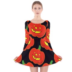 Halloween Party Pumpkins Face Smile Ghost Orange Black Long Sleeve Velvet Skater Dress