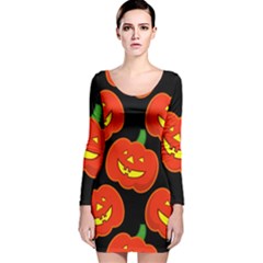 Halloween Party Pumpkins Face Smile Ghost Orange Black Long Sleeve Velvet Bodycon Dress