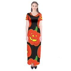 Halloween Party Pumpkins Face Smile Ghost Orange Black Short Sleeve Maxi Dress