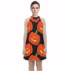 Halloween Party Pumpkins Face Smile Ghost Orange Black Velvet Halter Neckline Dress 
