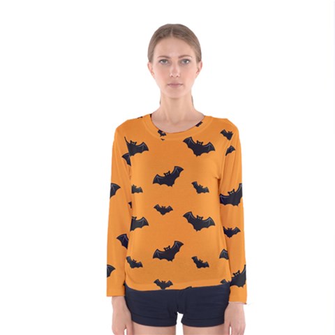 Halloween Bat Animals Night Orange Women s Long Sleeve Tee by Alisyart