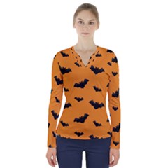 Halloween Bat Animals Night Orange V-neck Long Sleeve Top by Alisyart