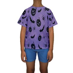 Halloween Pumpkin Bat Spider Purple Black Ghost Smile Kids  Short Sleeve Swimwear by Alisyart