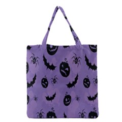 Halloween Pumpkin Bat Spider Purple Black Ghost Smile Grocery Tote Bag by Alisyart