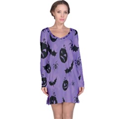 Halloween Pumpkin Bat Spider Purple Black Ghost Smile Long Sleeve Nightdress by Alisyart