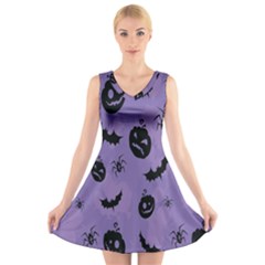 Halloween Pumpkin Bat Spider Purple Black Ghost Smile V-neck Sleeveless Skater Dress by Alisyart