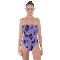 Halloween Pumpkin Bat Spider Purple Black Ghost Smile Tie Back One Piece Swimsuit by Alisyart