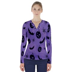Halloween Pumpkin Bat Spider Purple Black Ghost Smile V-neck Long Sleeve Top by Alisyart