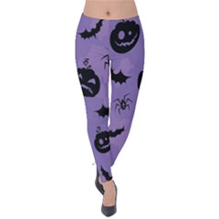 Halloween Pumpkin Bat Spider Purple Black Ghost Smile Velvet Leggings by Alisyart