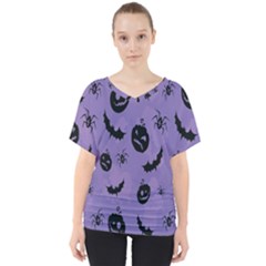 Halloween Pumpkin Bat Spider Purple Black Ghost Smile V-neck Dolman Drape Top by Alisyart