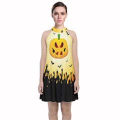 Halloween Pumpkin Bat Party Night Ghost Velvet Halter Neckline Dress 