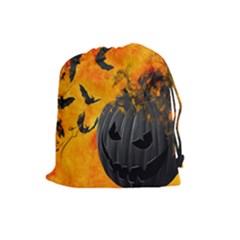 Halloween Pumpkin Bat Ghost Orange Black Smile Drawstring Pouches (large) 